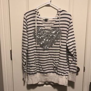 Cream Striped Hoodie with Sequin Heart